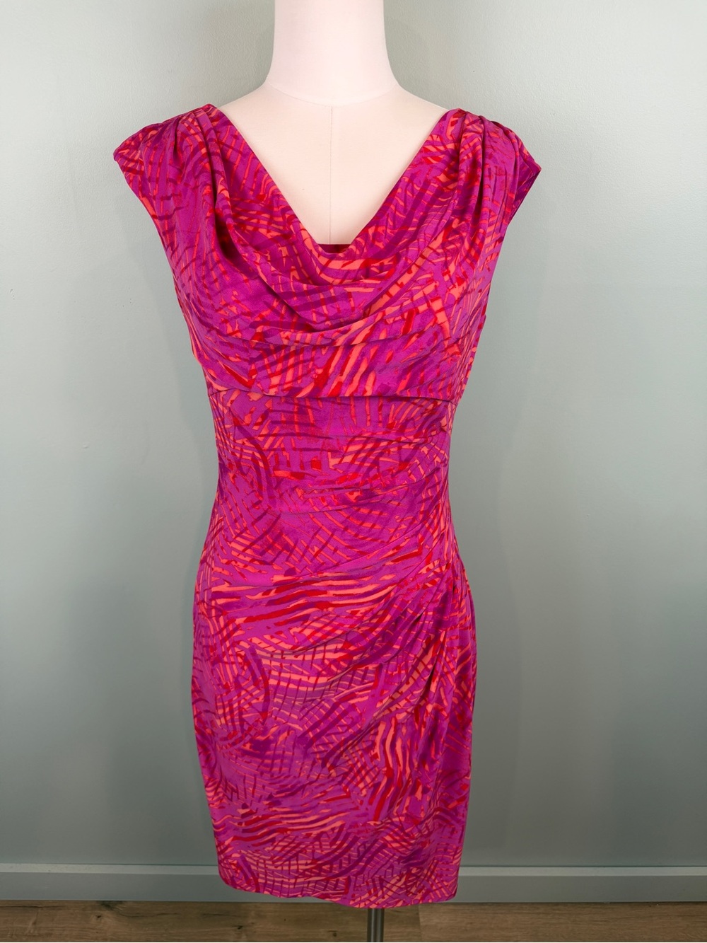 Ralph Lauren Bright Pink & Orange tropical Printed Cowl Neck Jersey knit Dress 6